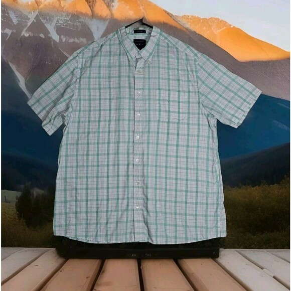 Saddlebred Big Tall Shirt Men 2X Button White Green Plaid Short Sleeve Fresh - Picture 1 of 7